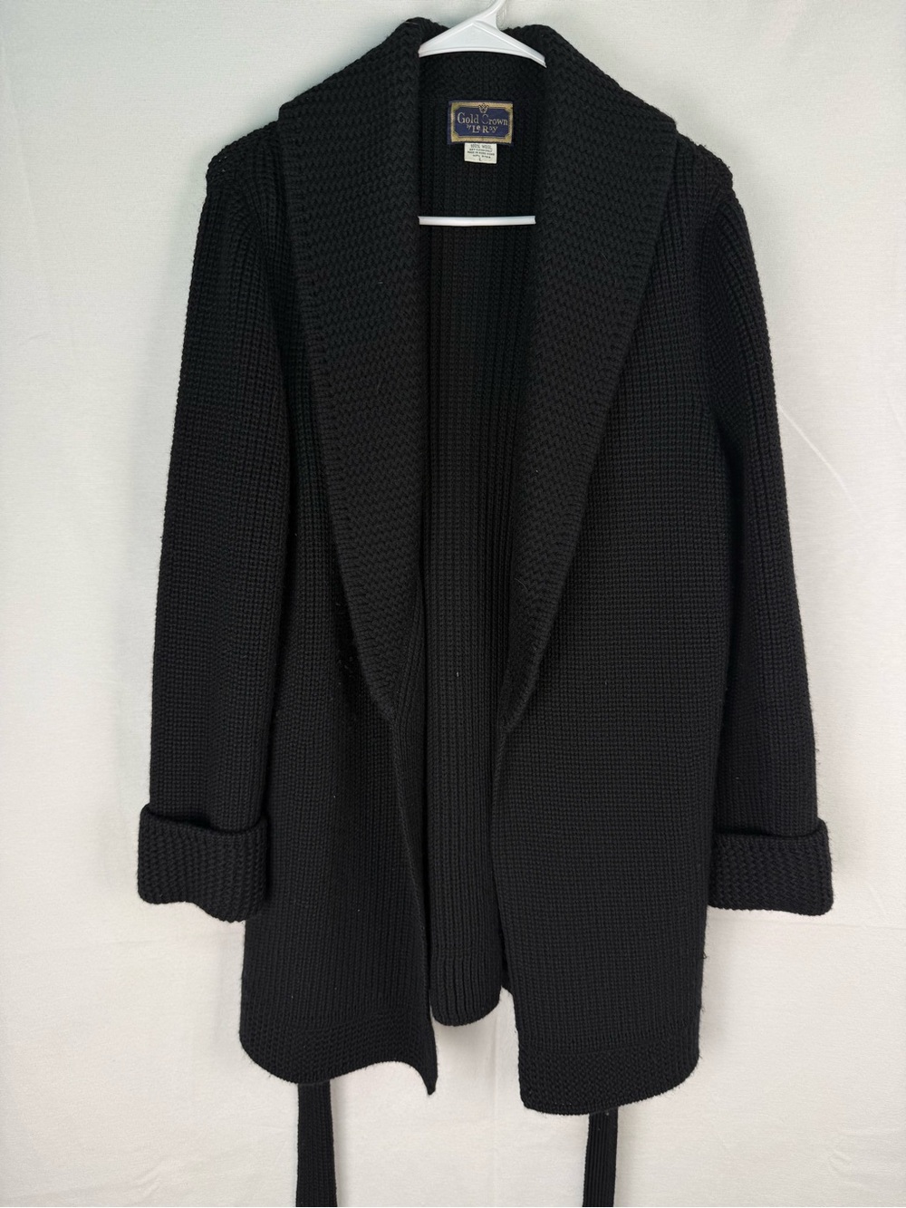 Vintage Black Wool Shawl-Collar Belted Cardigan Sweater
